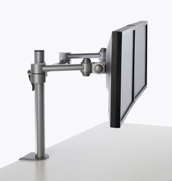 Pluto Add-on Arm (Silver) added to a Pluto Single Monitor Arm (Silver) to create a dual monitor screen mount