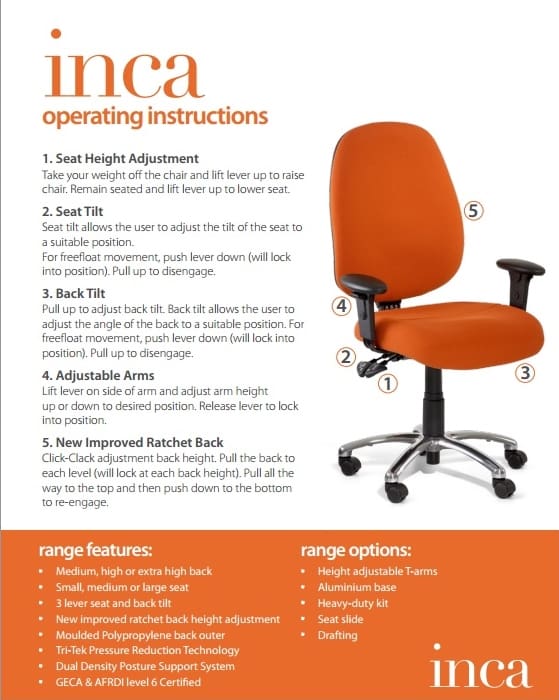 Inca Task Chair Operating Instructions