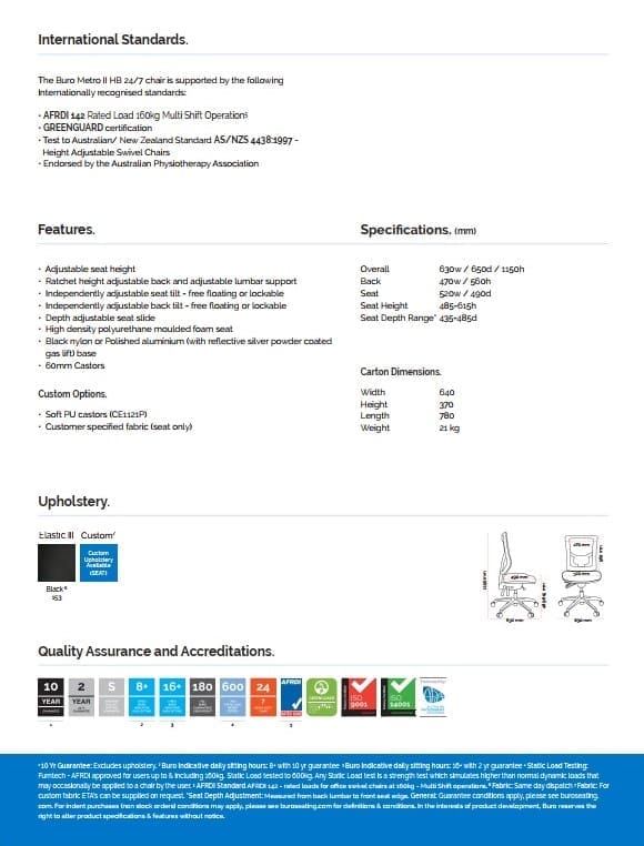 Buro Metro II 24/7 High Back Chair with Nylon Base - Specifications