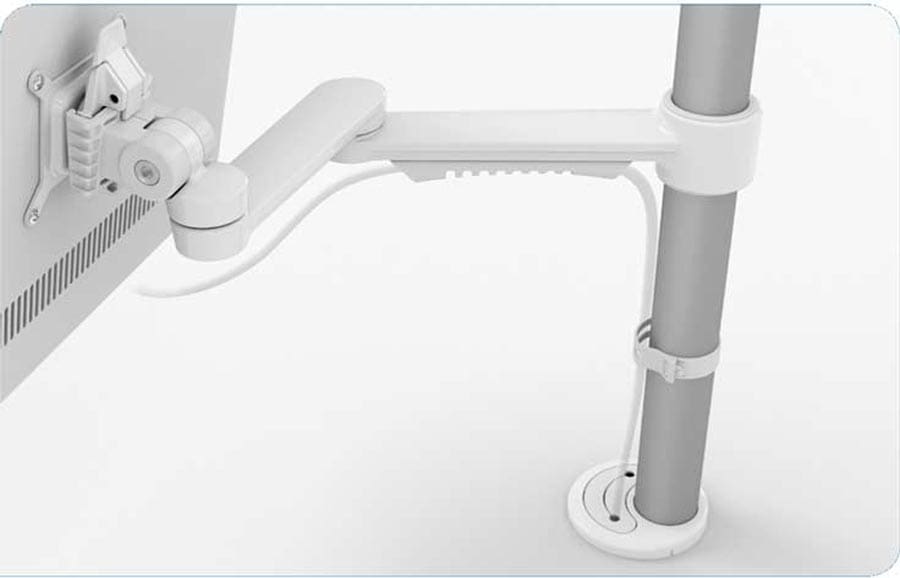 C.ME Monitor Arm (White) mounted to desktop with monitor screen