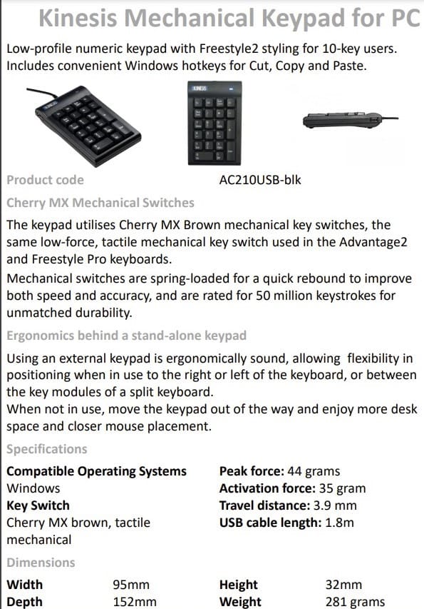 Kinesis Mechanical Keypad for PC - Data Sheet