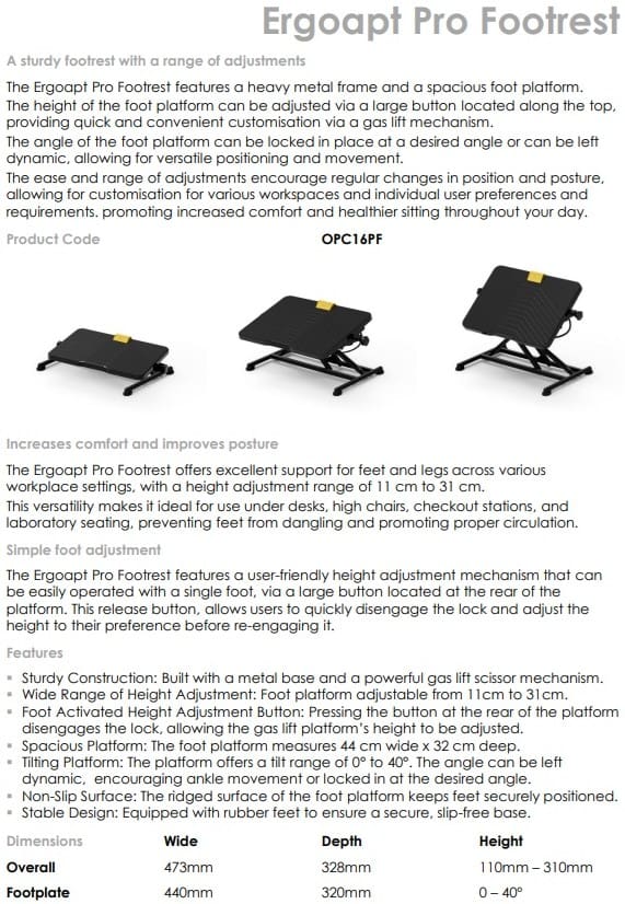 Ergoapt Pro Footrest - Data Sheet