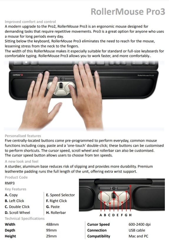 Contour RollerMouse Pro 3 Wired - Data Sheet