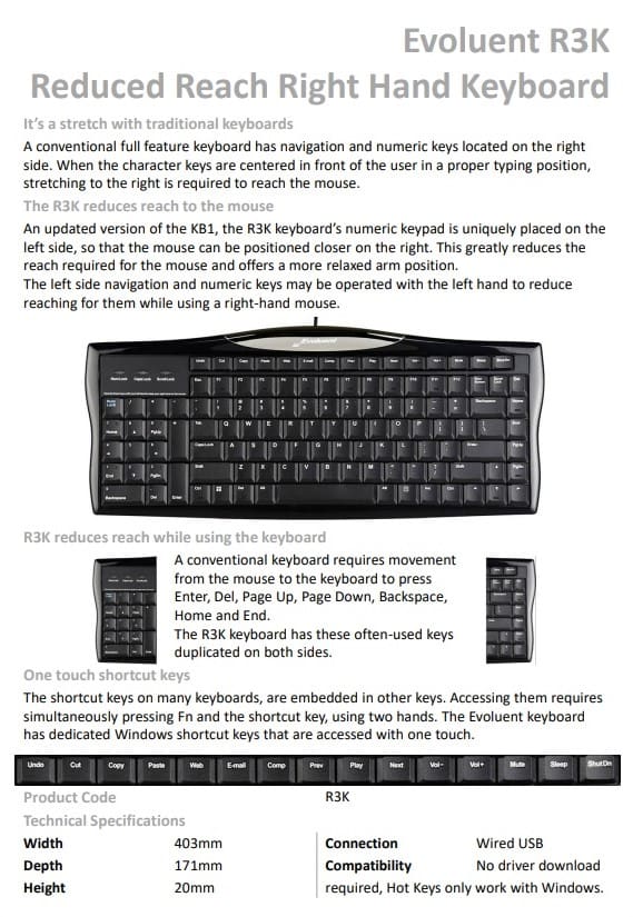 Evoluent Reduced Reach Right-Handed Keyboard - Data Sheet
