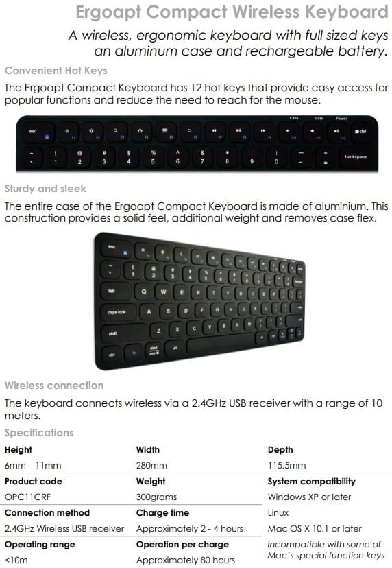 Ergoapt Compact Wireless Keyboard - Data Sheet p2of2