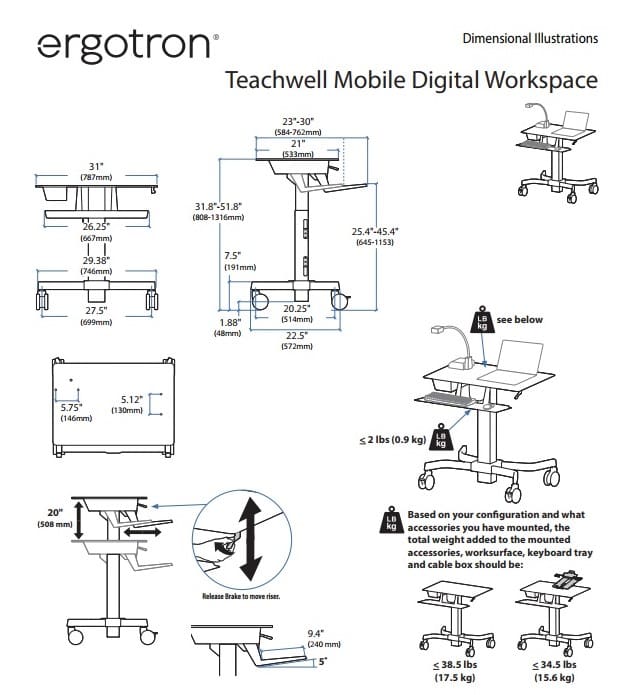 Ergotron TeachWell® Mobile Digital Workspace - Dimensional Illustrations