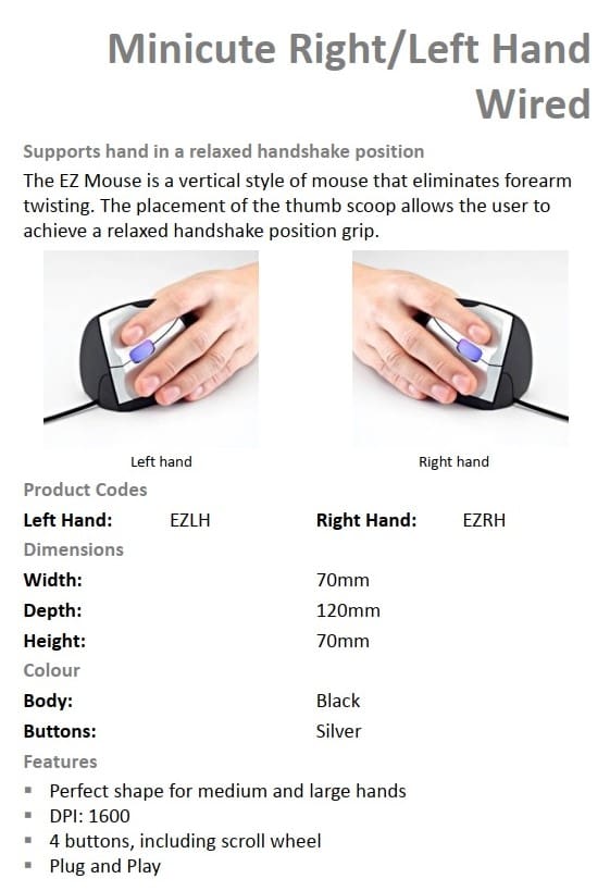 EZ Minicute Mouse (Wired) - Data Sheet. Left-Hand has been discontinued and is no longer available.
