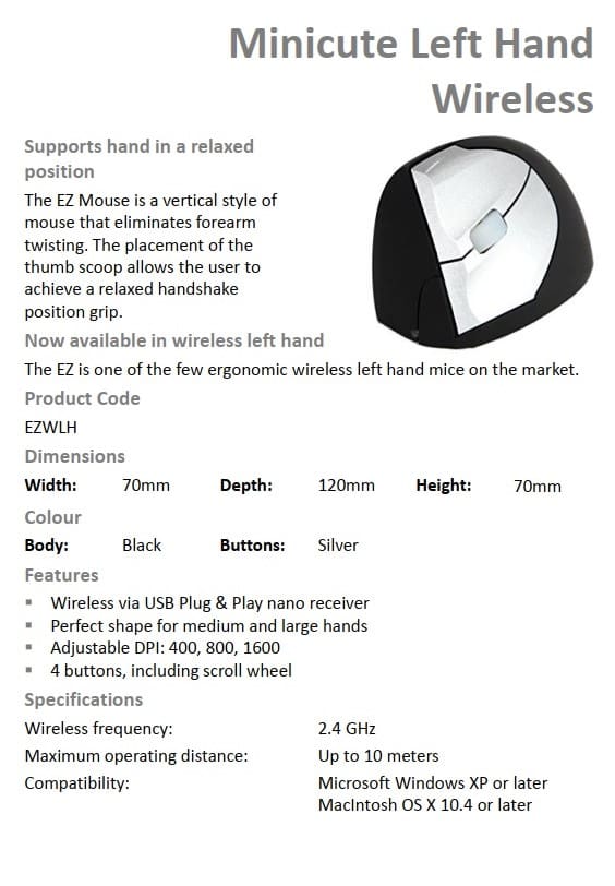 EZ Minicute Mouse (Wireless, Left-Hand) - Data Sheet