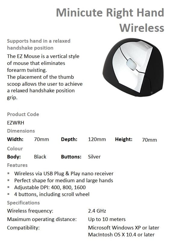 EZ Minicute Mouse (Wireless, Right-Hand) - Data Sheet