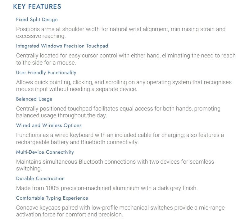 Kinesis Form Split Touchpad Keyboard - Key Features