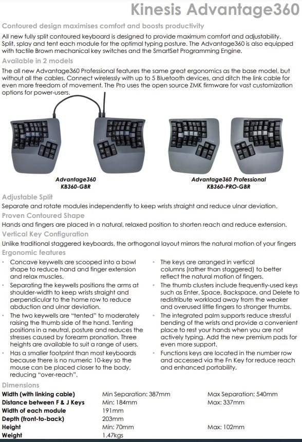 Kinesis Advantage360 Professional Wireless Keyboard - Data Sheet