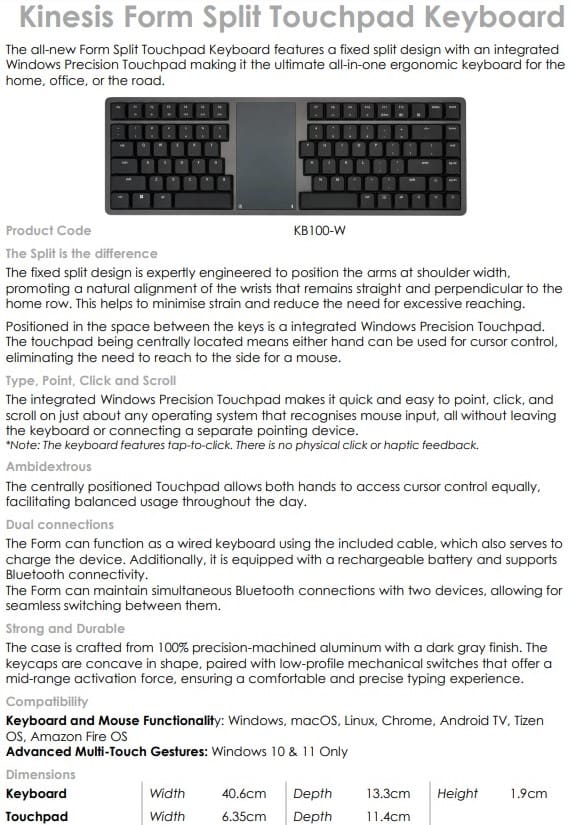 Kinesis Form Split Touchpad Keyboard - Data Sheet