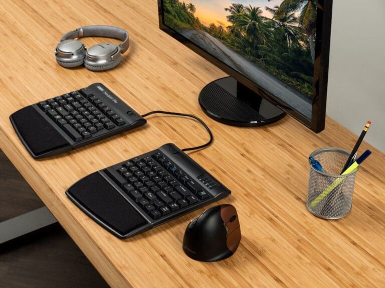 Kinesis Freestyle2 Blue for PC-20cm Separation - at workstation with single monitor, angled view