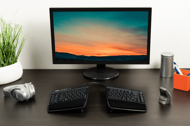 Kinesis Freestyle2 VIP3 Accessory (Tenting with Palm Support) - at workstation, front view