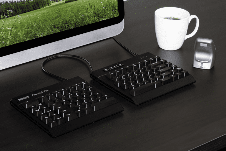 Kinesis Freestyle Pro - at workstation, top left angled view