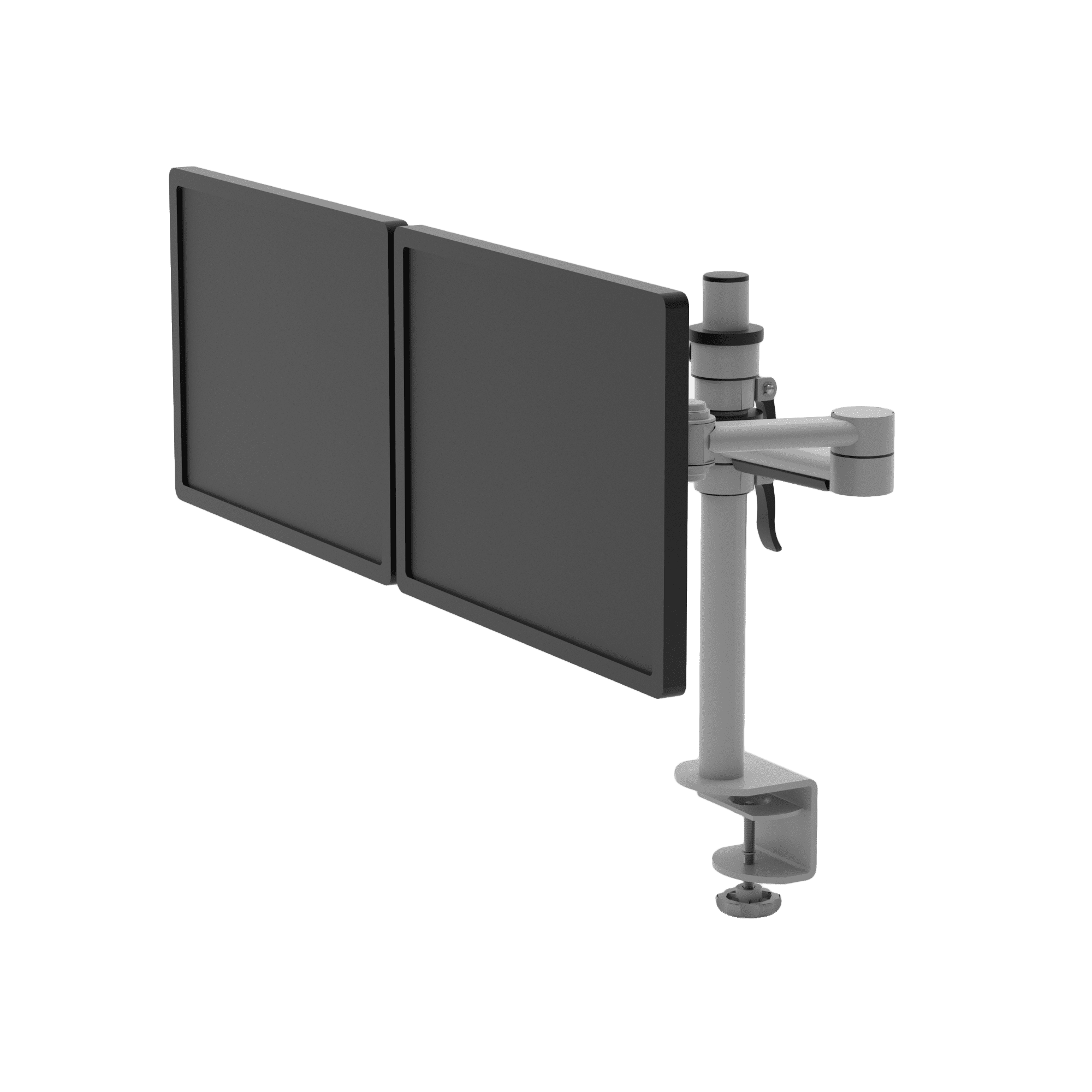 Pluto Add-on Arm (Silver) added to a Pluto Single Monitor Arm (Silver) to create a dual monitor screen mount