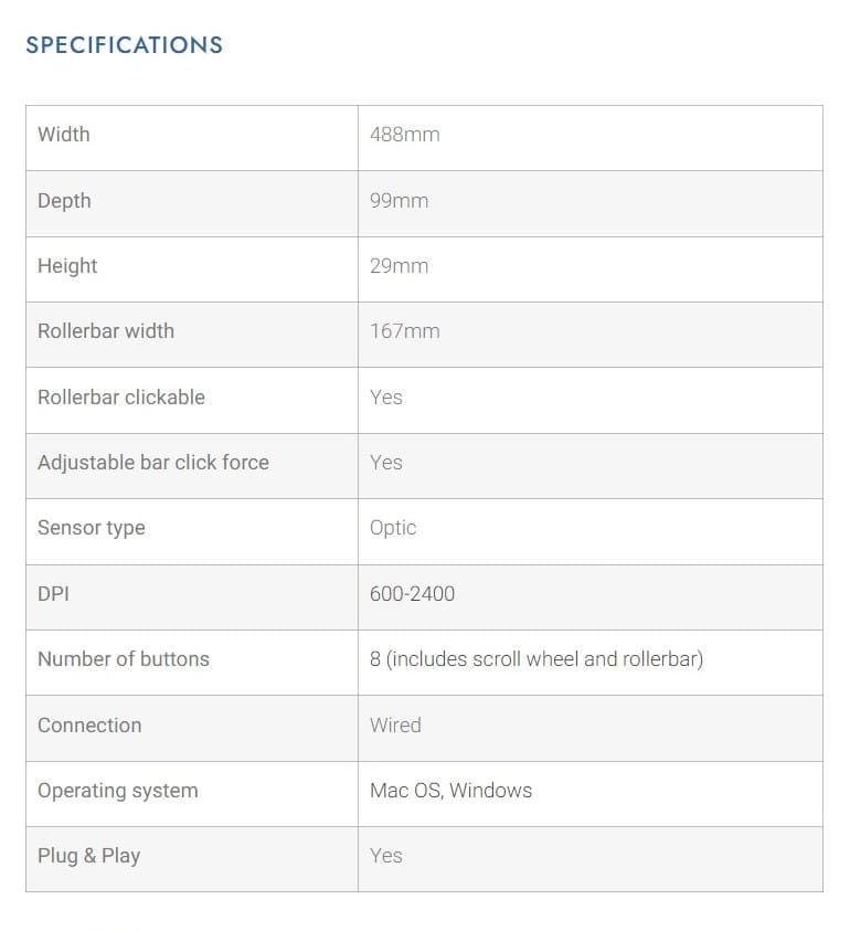 Contour RollerMouse Pro3 - Specifications