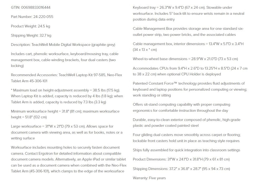 TeachWell® Mobile Digital Workspace - Technical Specifications