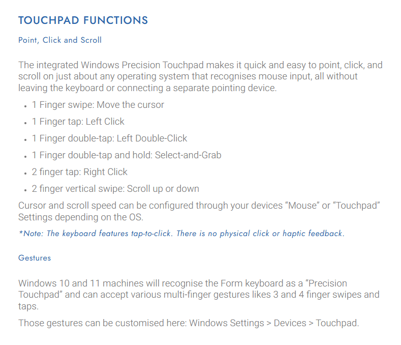 Kinesis Form Split Touchpad Keyboard - Touchpad Functions