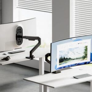 Valor HD Monitor Arm (Black) mounting single curved monitors via desk clamp