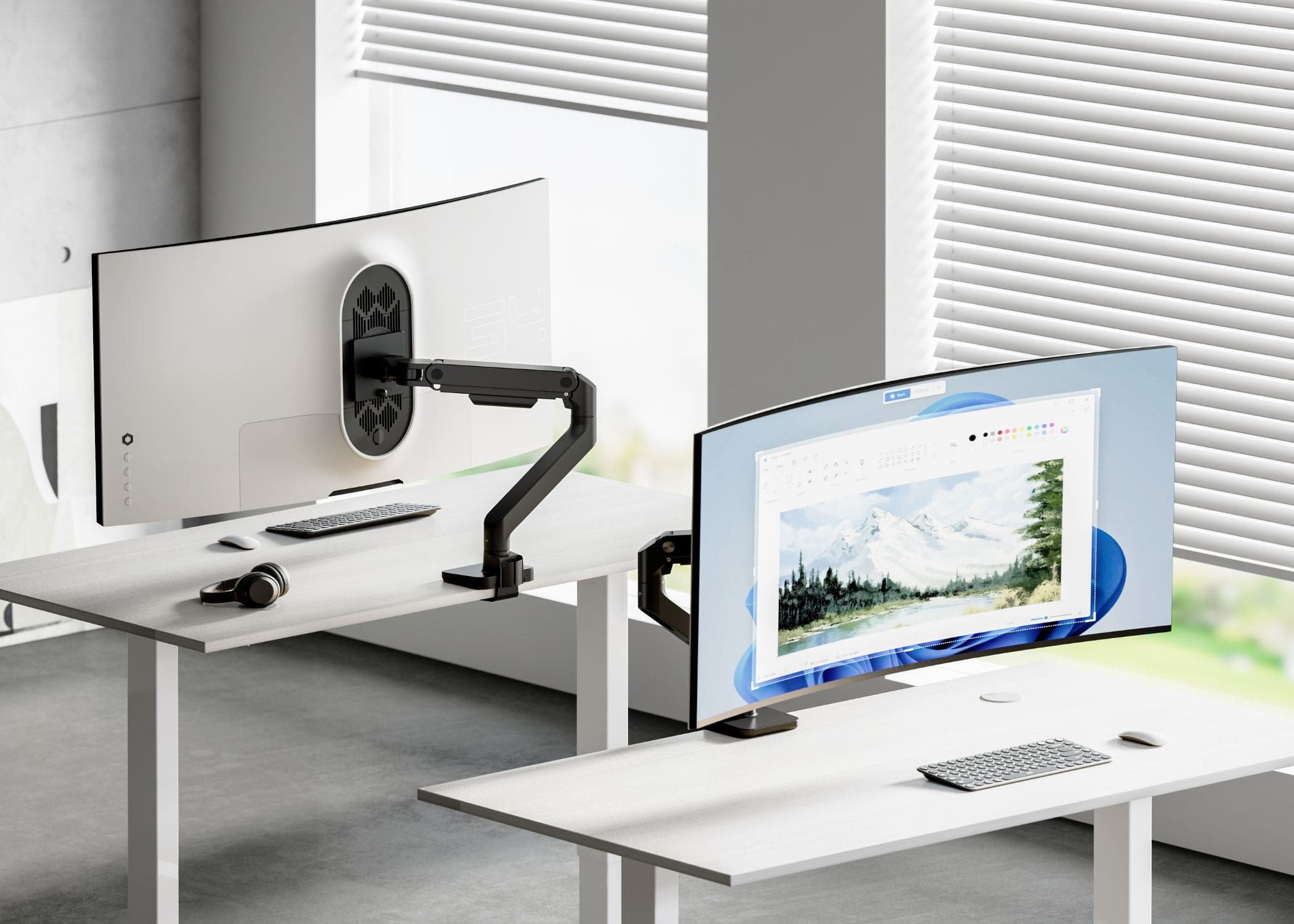 Valor HD Monitor Arm (Black) mounting single curved monitors via desk clamp