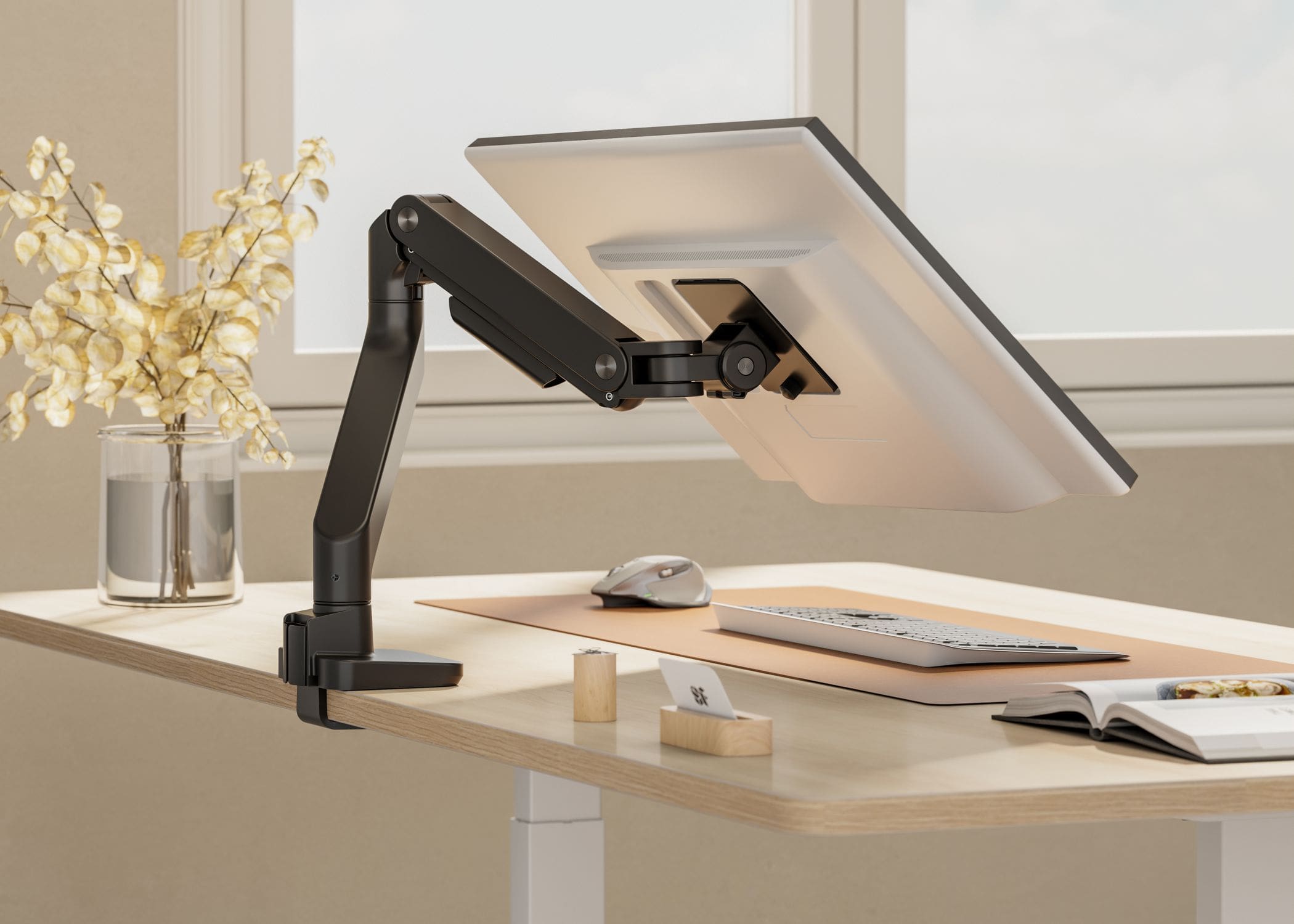 Valor HD Monitor Arm (Black) mounting a single curved monitor via desk clamp