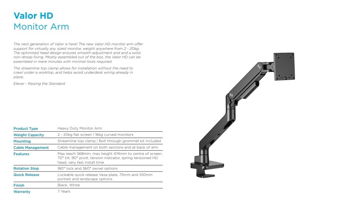 Valor HD Monitor Arm - Technical Specifications