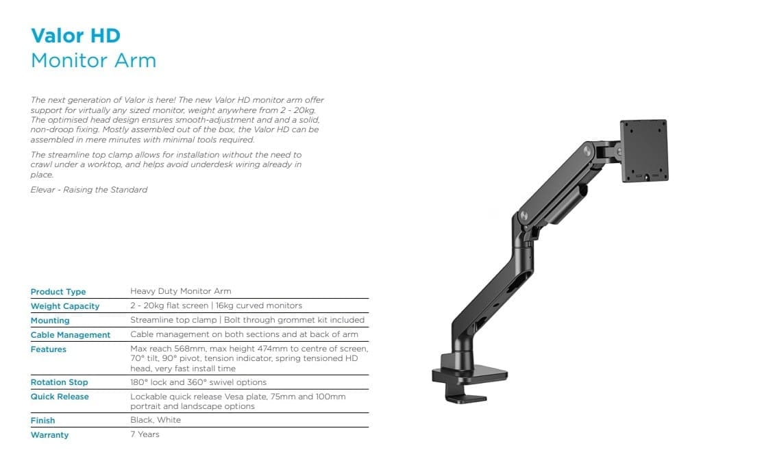 Valor HD Monitor Arm - Technical Specifications