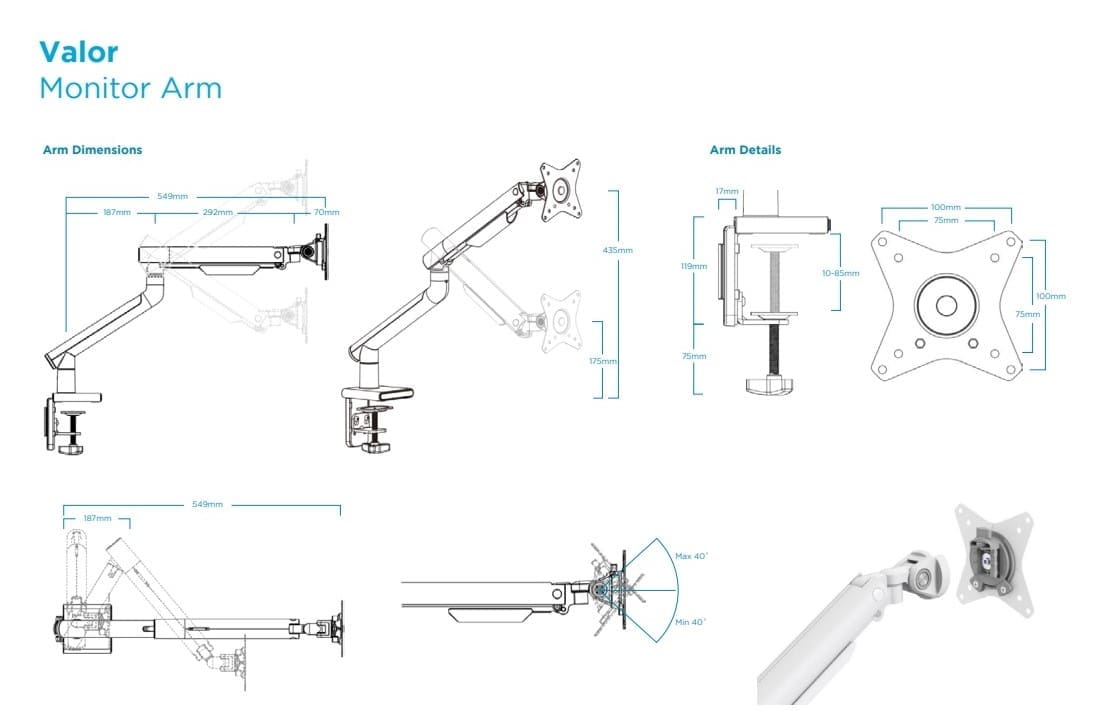 Valor Monitor Arm - Dimensions