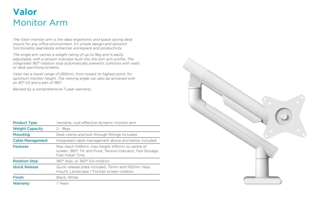 Valor Monitor Arm - Specifications