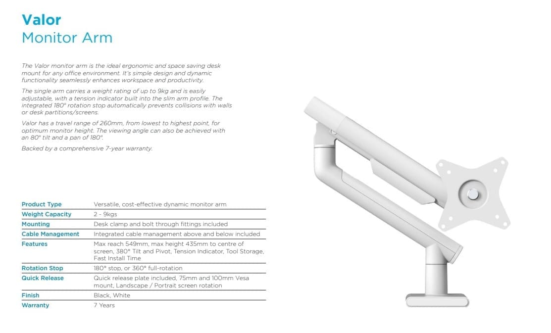 Valor Monitor Arm - Specifications