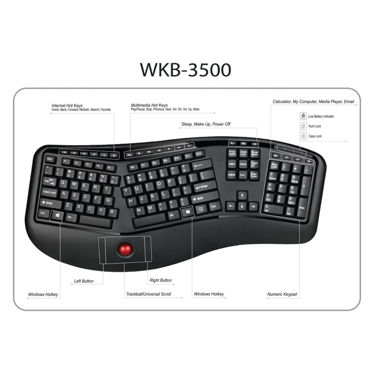 Adesso Tru-Form 3500 - 2.4GHz Wireless Ergonomic Trackball Keyboard